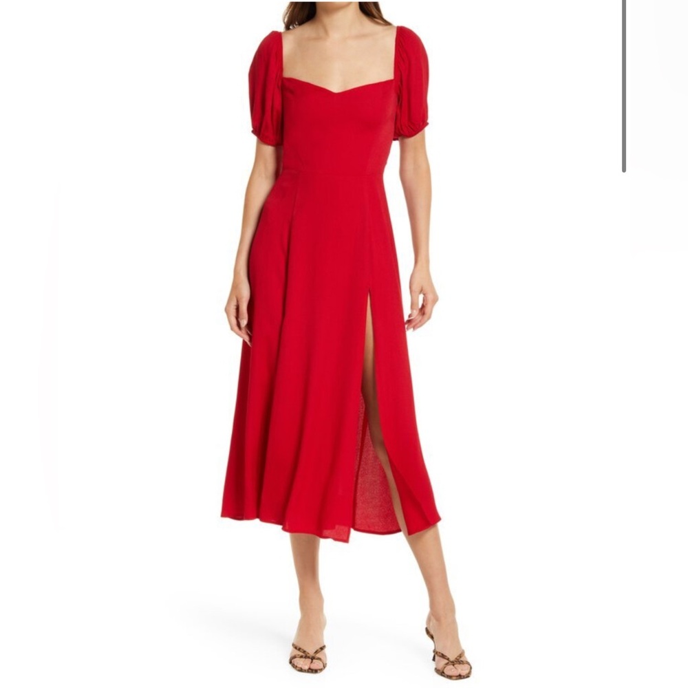 Reformation Mylah Red Puff Sleeve Sweetheart Midi Dress Size 6